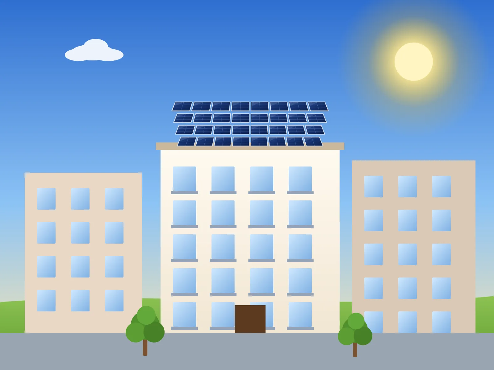 Edificio de viviendas con placas solares en la azotea comunitaria