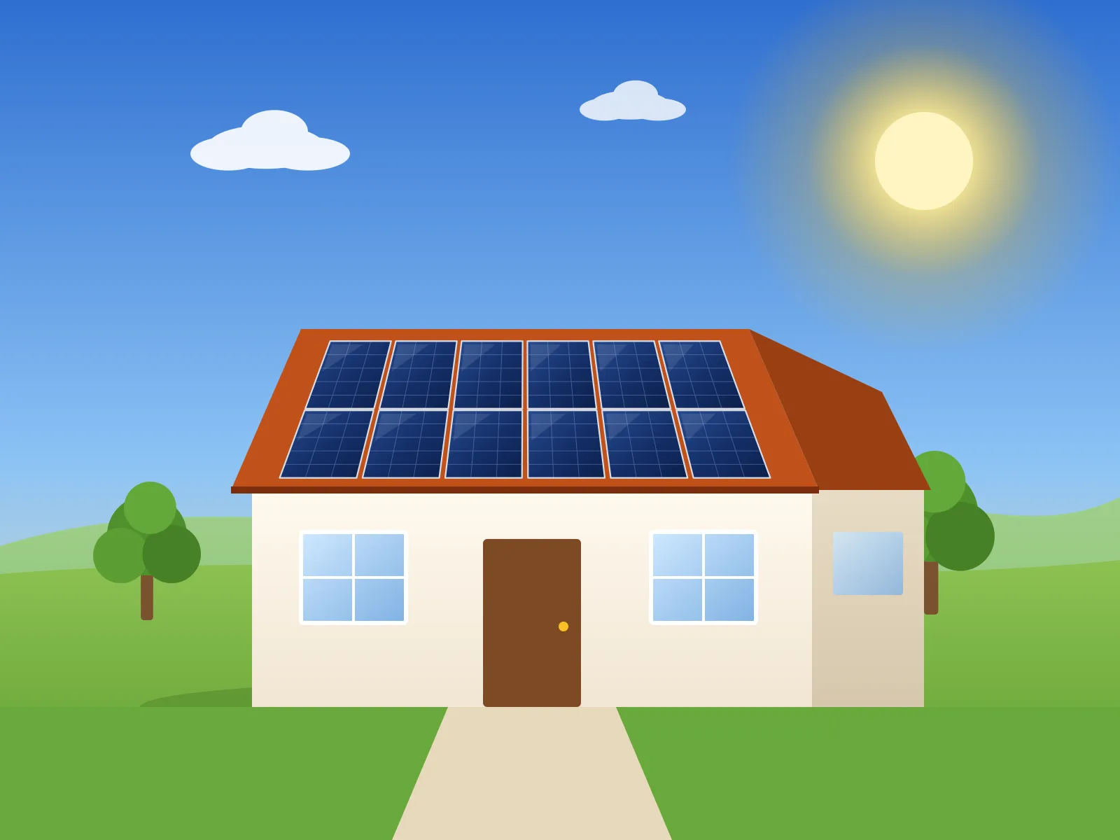 Vivienda unifamiliar con placas solares en el tejado bajo un cielo despejado