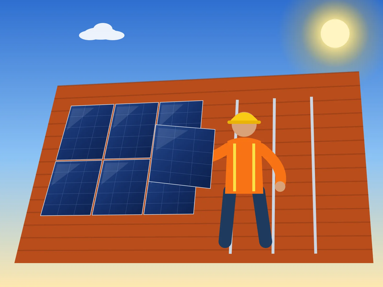 Instalador fijando paneles fotovoltaicos sobre la estructura de un tejado