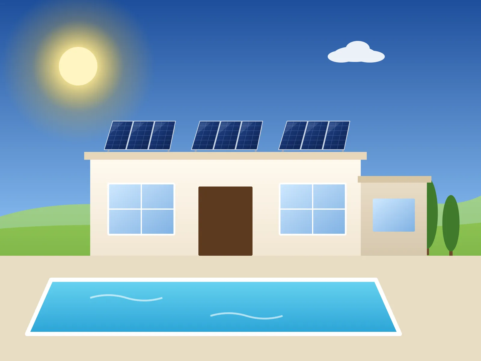 Vivienda unifamiliar con placas solares en el tejado a dos aguas